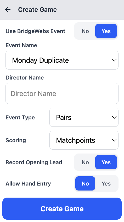 Screenshot of the Bridge Box selecting a BridgeWebs calendar event from a dropdown when creating a game.