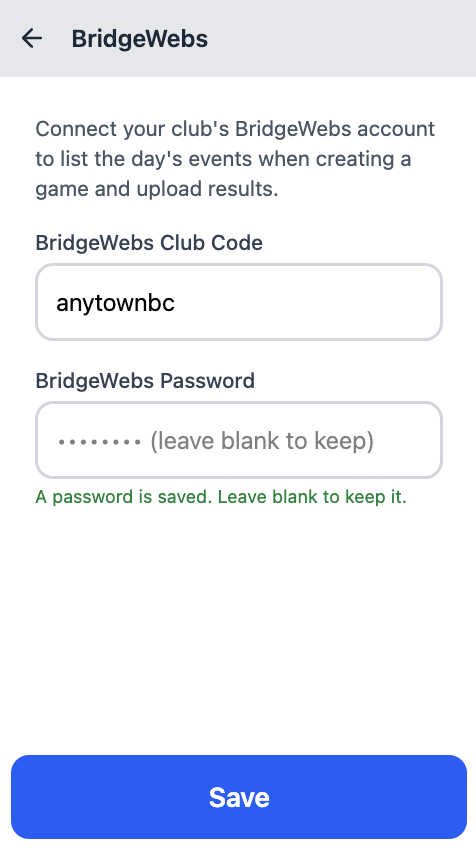 The Bridge Box's BridgeWebs settings screen for entering login details