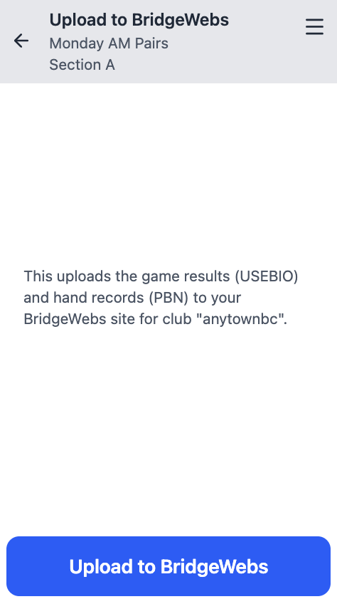 Screenshot of the Bridge Box's Upload to BridgeWebs screen.