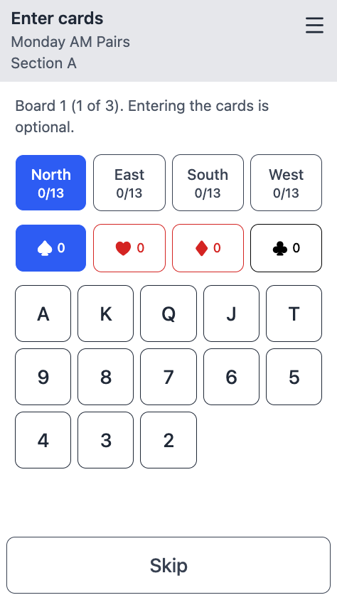 Screenshot of a player entering the dealt cards for a board, choosing a hand and tapping the cards.