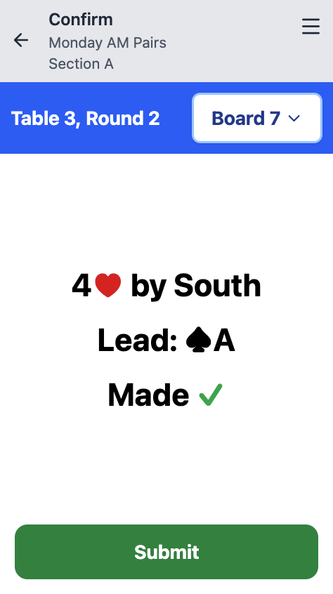Phone screenshot of a score entry on a players phone.