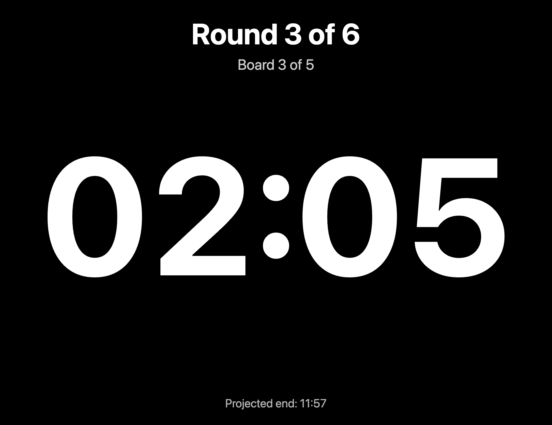 Screenshot of the session timer on the room display, showing the current round, boards and time remaining.